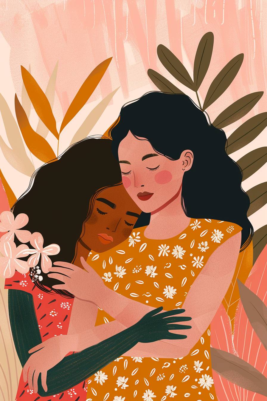two women love each other, Cool illustration procreate, goache, strokes, pink background FCOFCO
