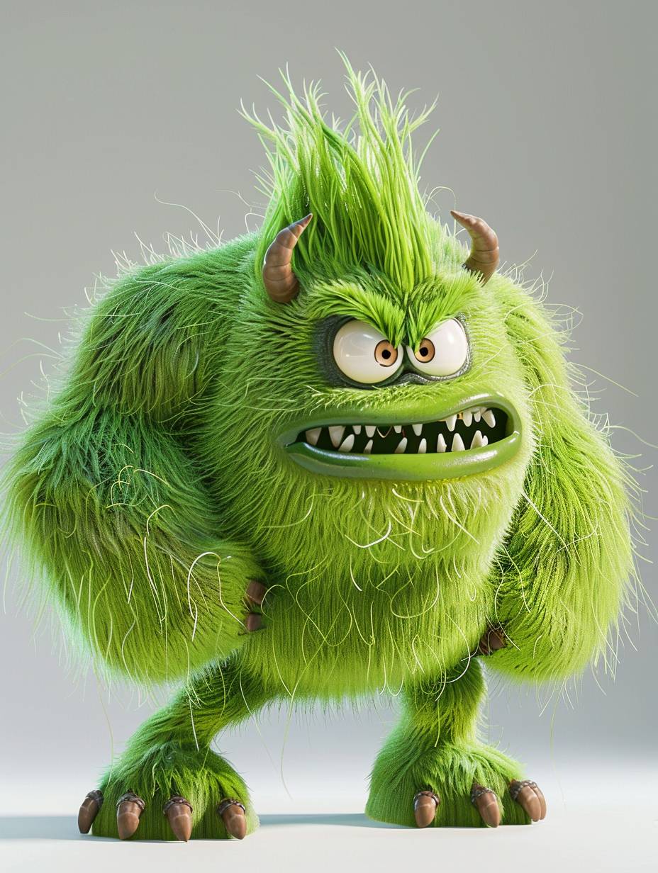 3D cartoon game scene, create a big tall green hairy girl monster, very hairy and strong, cute face, hyper detailed, white clean background, 8k.