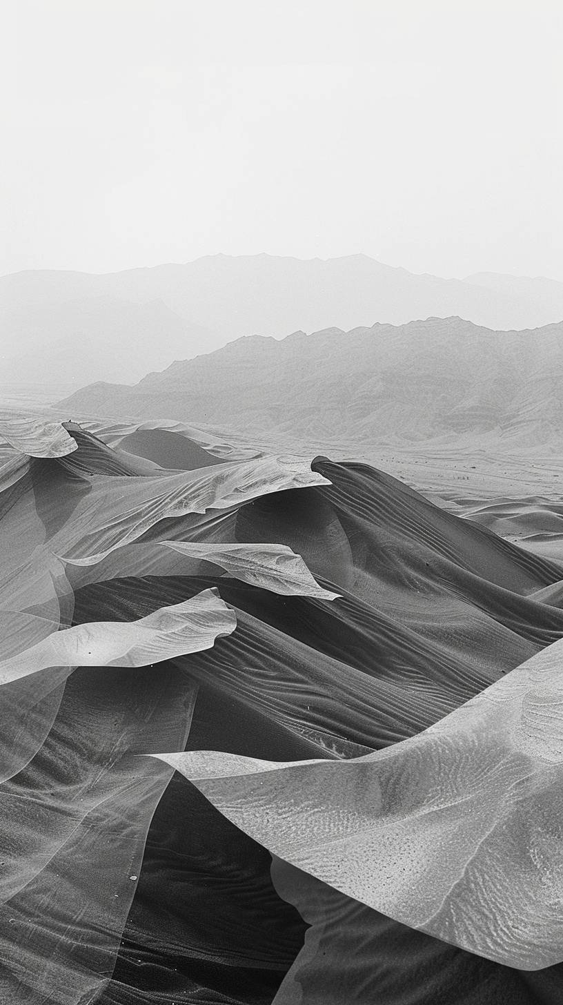A Grainy Kodak Black & White Photo On Top Of A Wave Of Sand Dunes --chaos 20 --aspect ratio 9:16 --version 6.0