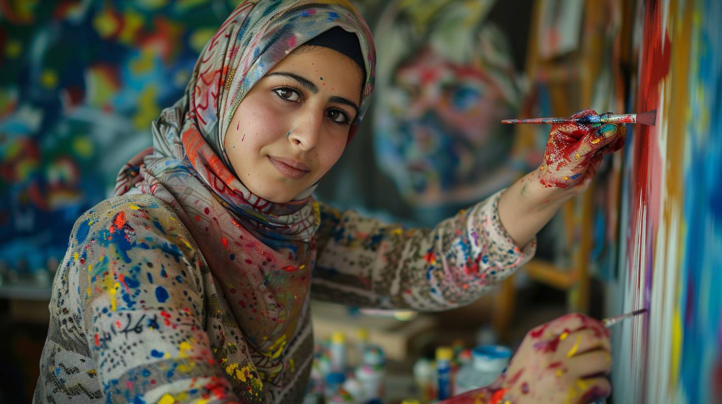 A young woman wearing a hijab is painting a mural. She has warm brown eyes with colorful smears on her hands. It is afternoon in a Middle Eastern city. The bustling market and ancient architecture can be seen in the wide shot, showing her full body. The bright lighting highlights the vibrant colors of the mural, which has a high saturation.