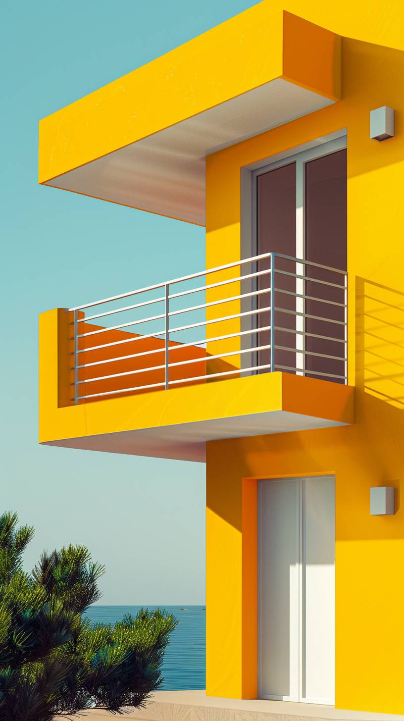 Architectural photography, Realistic, front view modern house type, yellow wall, light on the wall, sunny day, Extreme clouse-up shot, minimalist.