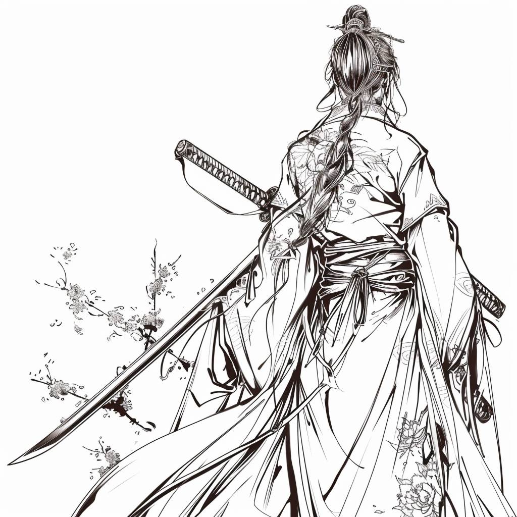 Line art, contours, no shades, details, white background, drawn with lines, scent of perfume, samurai, kimono, sword