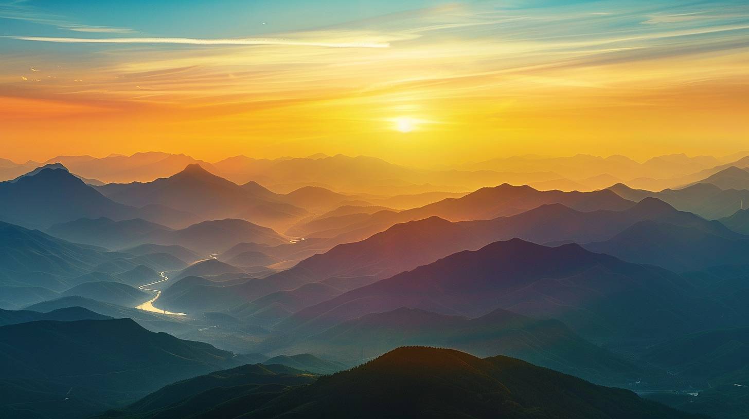 A long exposure of a mountain range silhouetted against a sunrise. The sky is a canvas of vibrant golden yellows, peaches, and roses, with streaks of light swirling across the horizon. The first rays of light illuminate the peaks of the mountains, casting long shadows across the valleys below. The rivers wind their way through the landscape, reflecting the warm glow of the sunrise. The overall mood is one of hope and renewal, as if witnessing a moment of fresh beginnings.