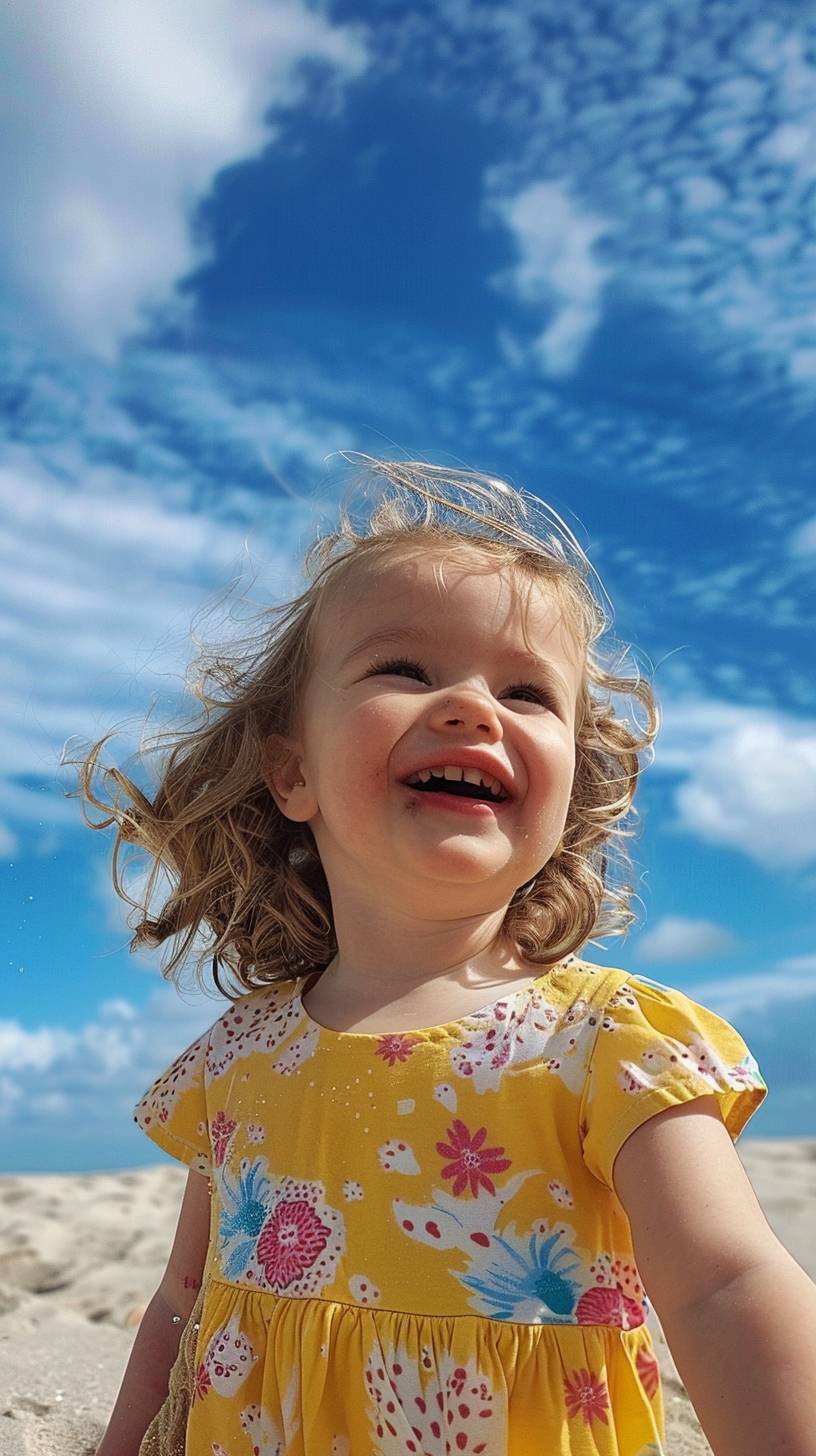 砂浜で遊ぶ3歳の女の子が笑顔で幸せそうです。背景は青い空で、高画質4K、縦9：16、音声6.0です。