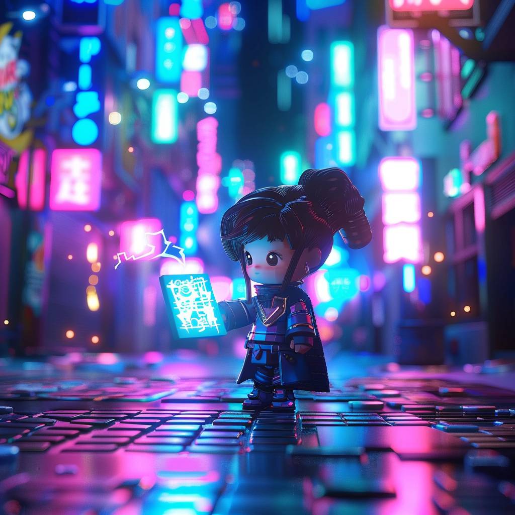 Stop-motion animation screengrab of a 3D chibi art style rendering of a small female mage. She is casting a spell from a holographic book, standing in the middle of a street in a neon-lit cyberpunk city.