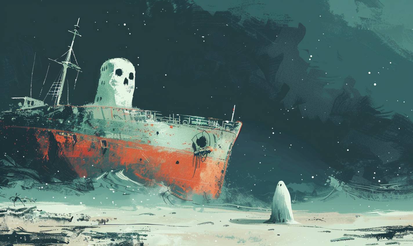 In style of Oliver Jeffers, Ghostly shipwreck on a haunted shore