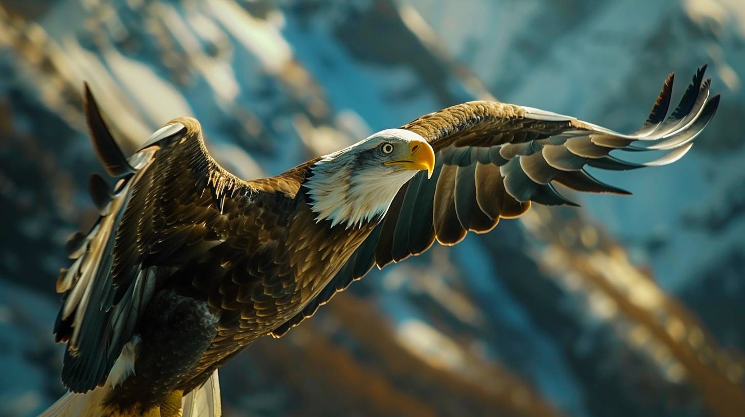 Close-up of an eagle in flight with wings spread, piercing eyes, sharp talons, in a mountainous region, dramatic lighting, cinematic photography style, captured with a high-resolution film camera.