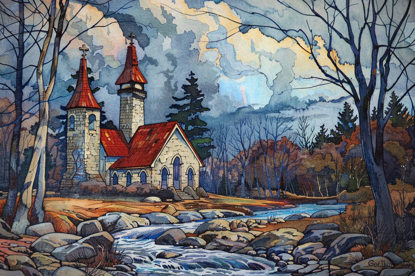 In the style of Mike Allred, stunning natural landscape, church