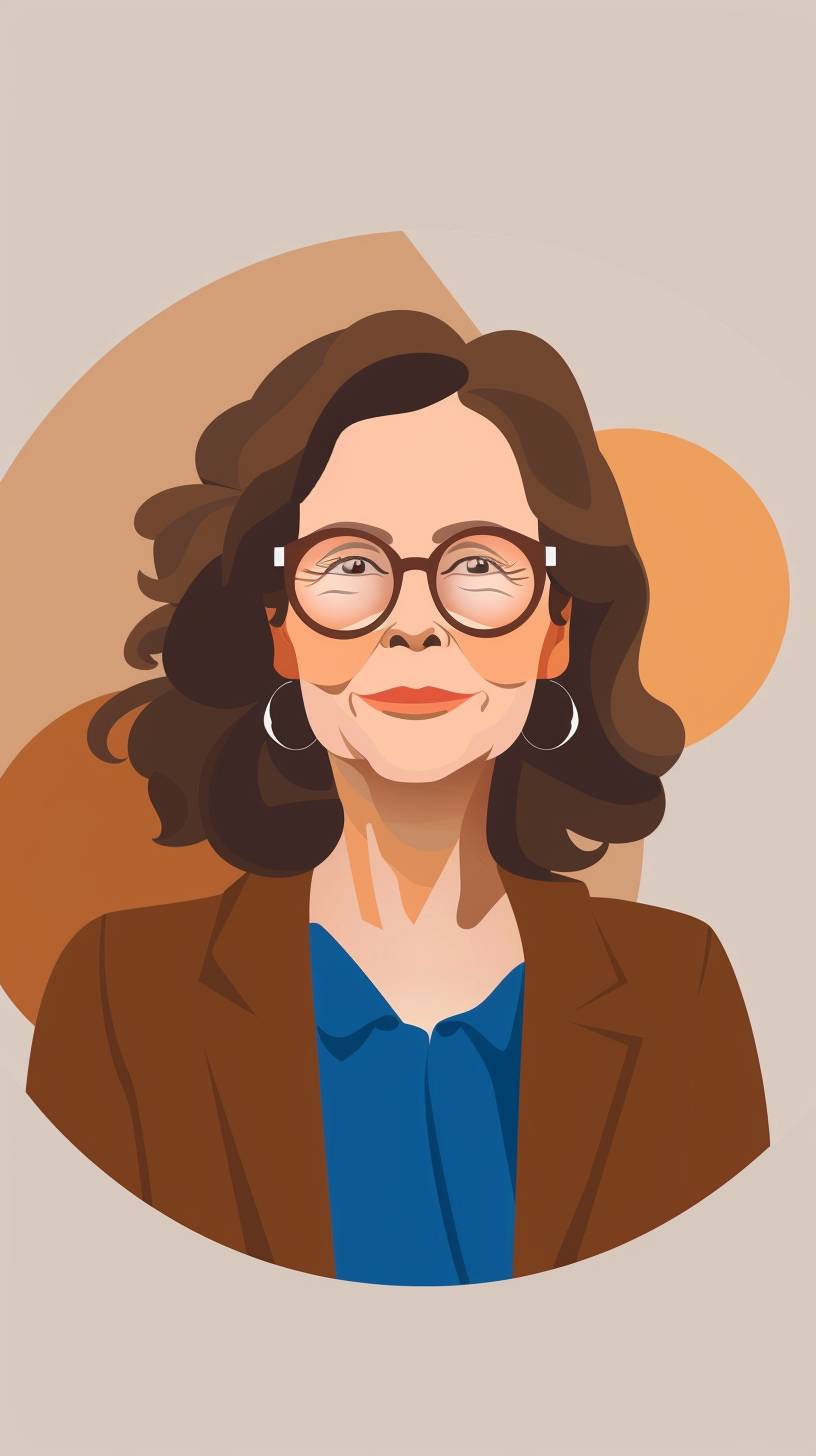 2D geometric flat illustration of a stick figure of a 60-year-old woman with shoulder length brown hair, brown blazer, blue shirt underneath, white glasses with circular frames