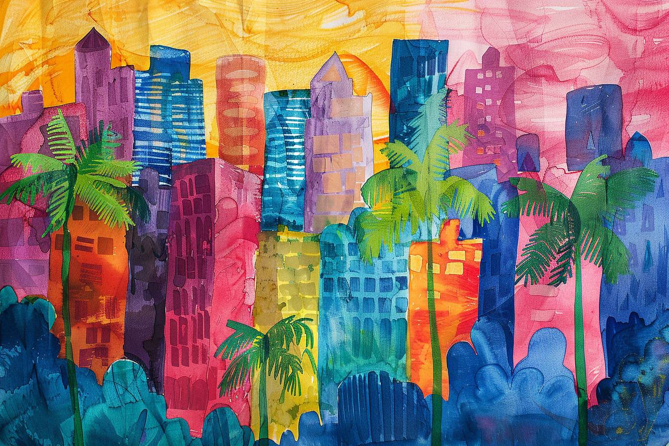 In style of Eric Carle, city landscape