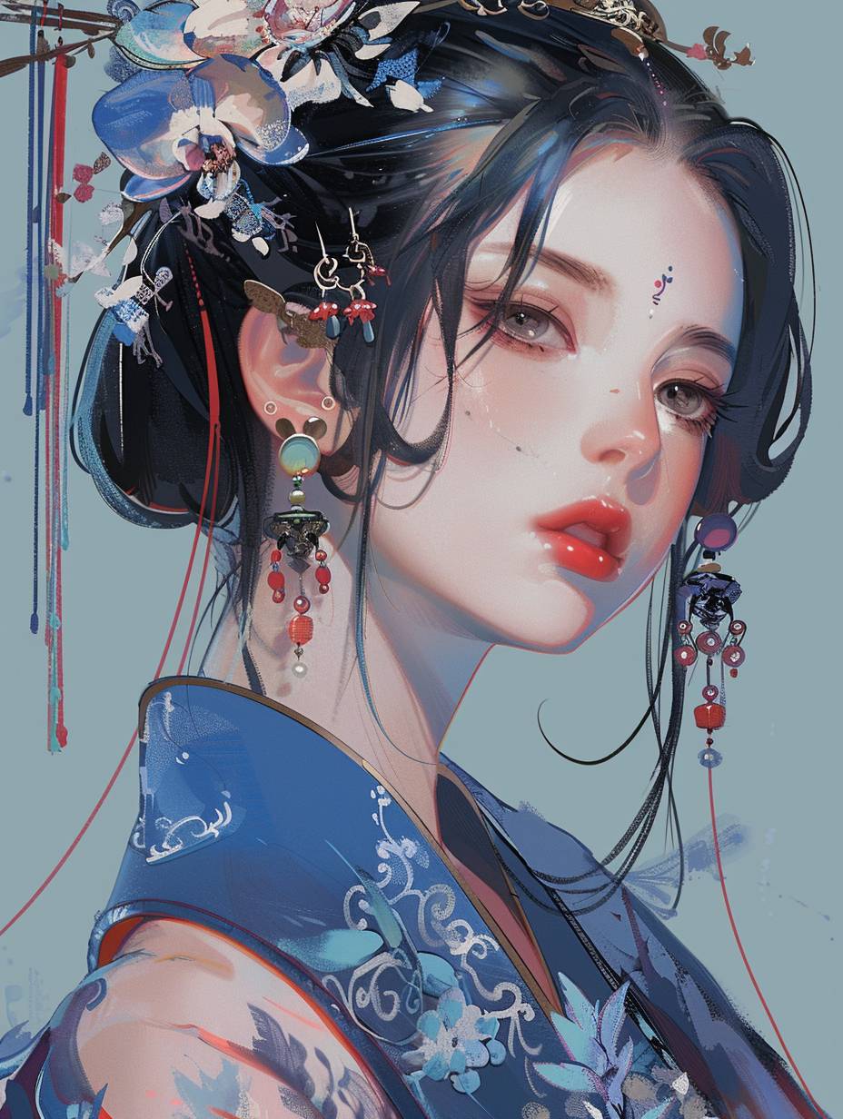 Illustration, a gorgeous beautiful girl, black hair, black eye, wearing traditional wear, artwork on pixiu, extremely bold outline, blue, acrylic painting, Orchid, wearing orchid hair accessories, ultra detailed, high quality, 8K.