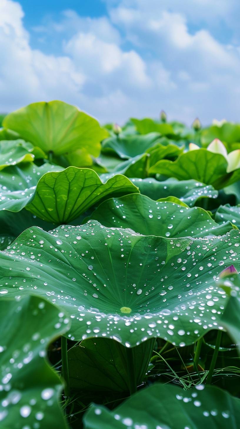 お昼の写真撮影シーン、蓮の花に水滴、テレフォトレンズ、マクロ、高さ角、蓮の葉、水面、浮草、青空、鮮やかな彩度、自然光、明るい緑色、活力、高画質、32K。