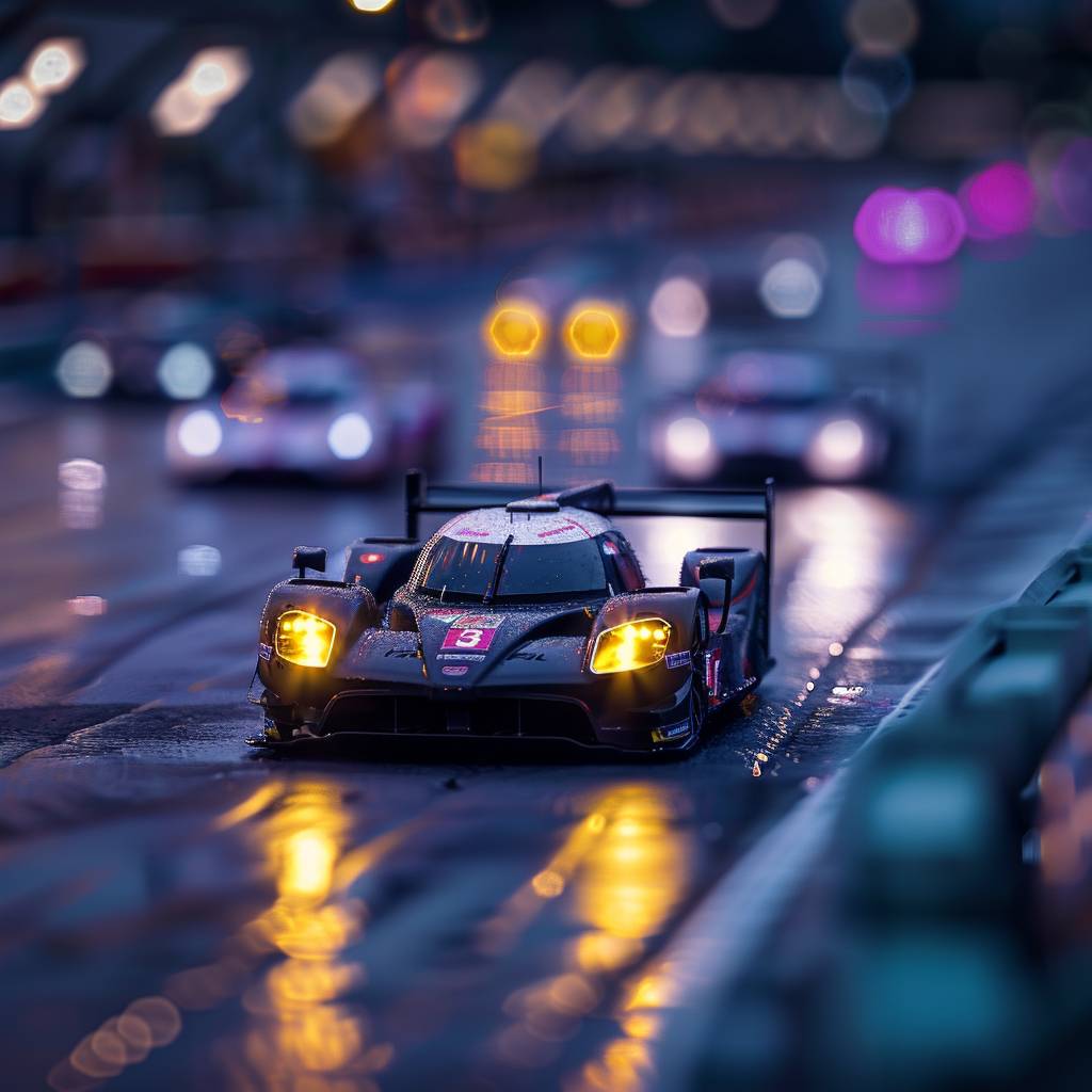 Endurance race cars at dusk twilight endurance, hd wallpaper, sony alpha a7 iii, pointillist precision, tilt-shift lenses, dark twilight purple and light headlight yellow