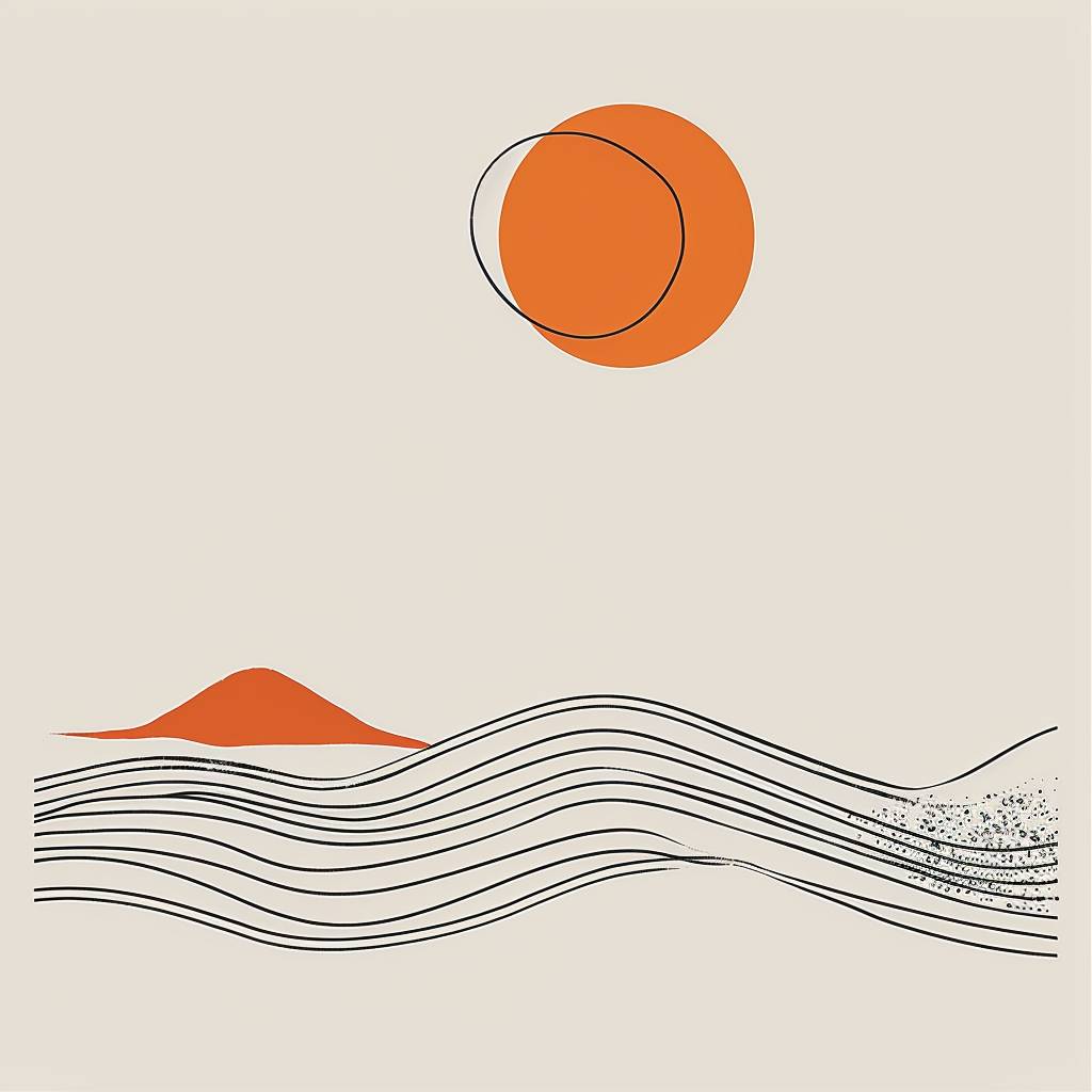 A poster with simple line drawings of the Mid Autumn Festival by Paul Rand. It features simple lines depicting an orange full moon, Chinese landscape painting, and minimalist lines of orange suns in the sky. The background is white paper. A warm color scheme emphasizes the harmony between nature's changing seasons and simplicity.