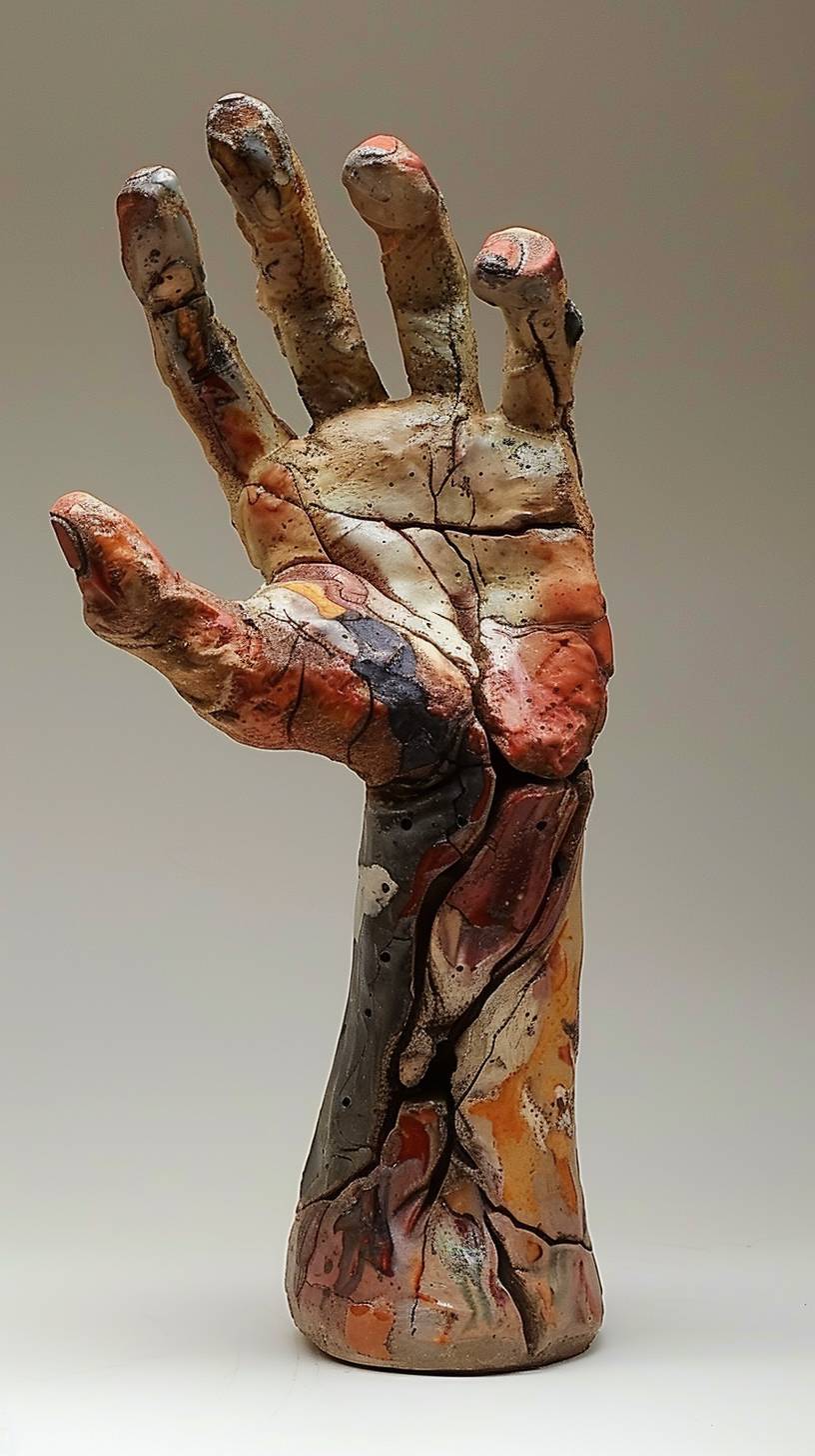 sculpture of a muscular open hand, cellular, Raku ceramic