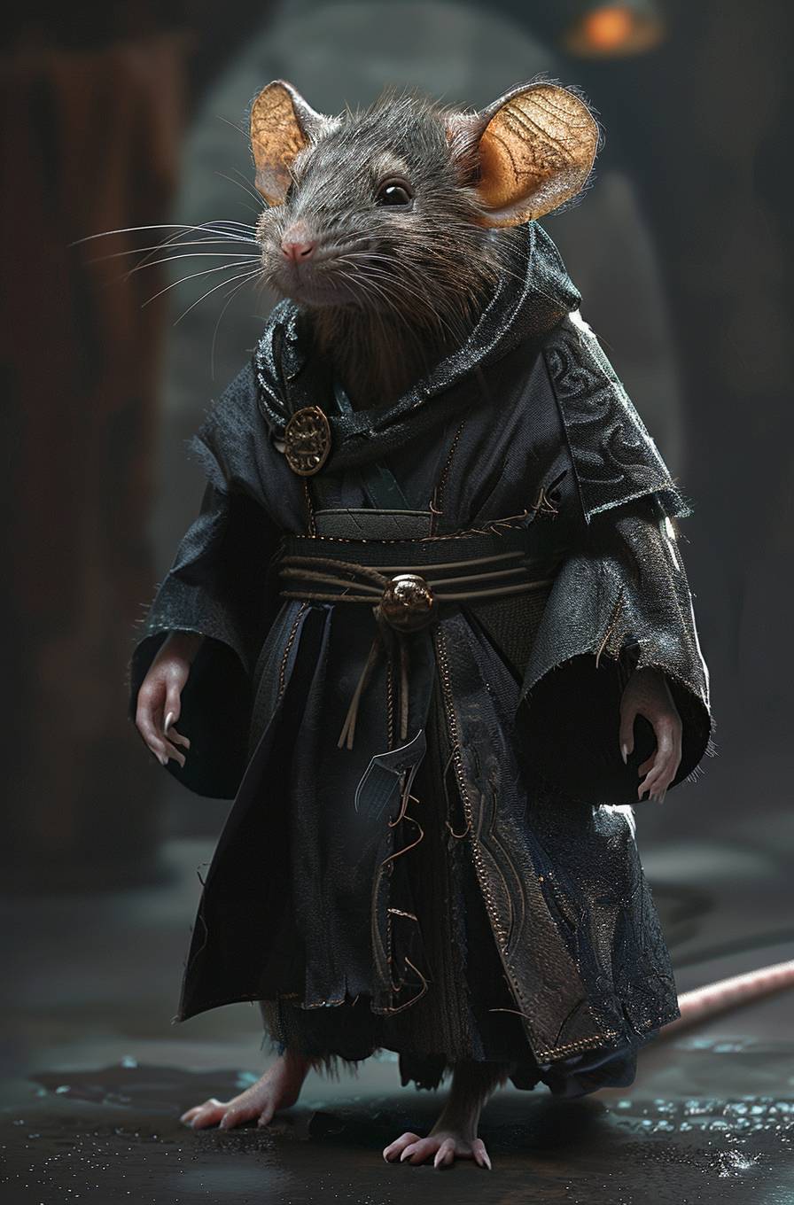 Anthropomorphic rat wearing black robe, full body shot, fantasy art style