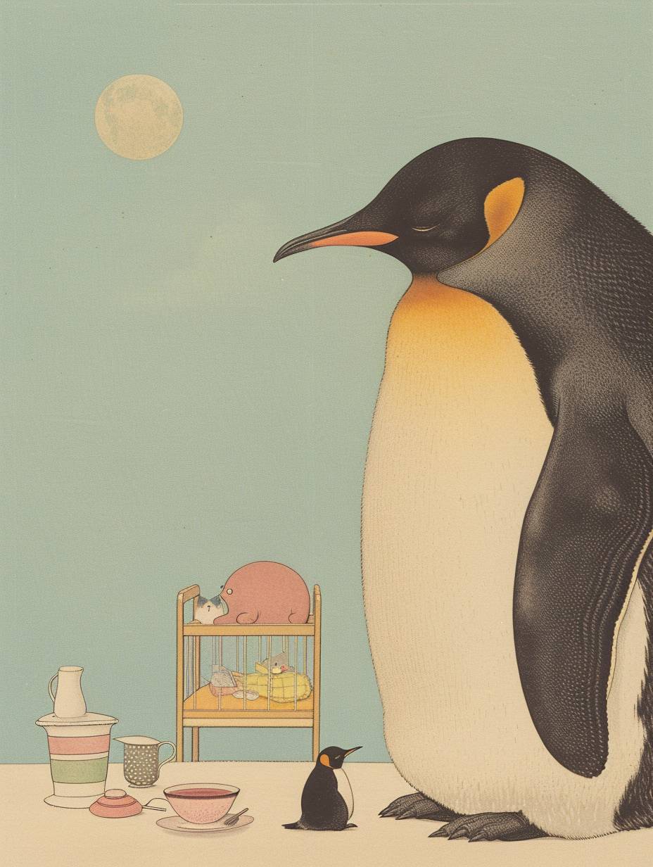 A penguin pointing at a crib filled with baby items. Caption: 'Is this a full night's sleep? by Jiro Kuwata