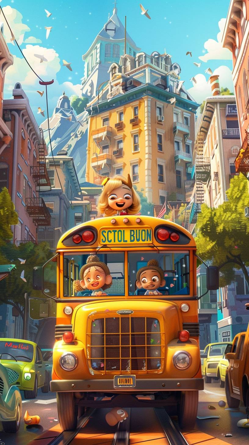 An illustration of a yellow school bus is in the middle of a town with some cute happy babies and a female bus driver wearing a driver’s hat on the bus. Animation style by Pixar, vivid colors, cheerful and cute mood