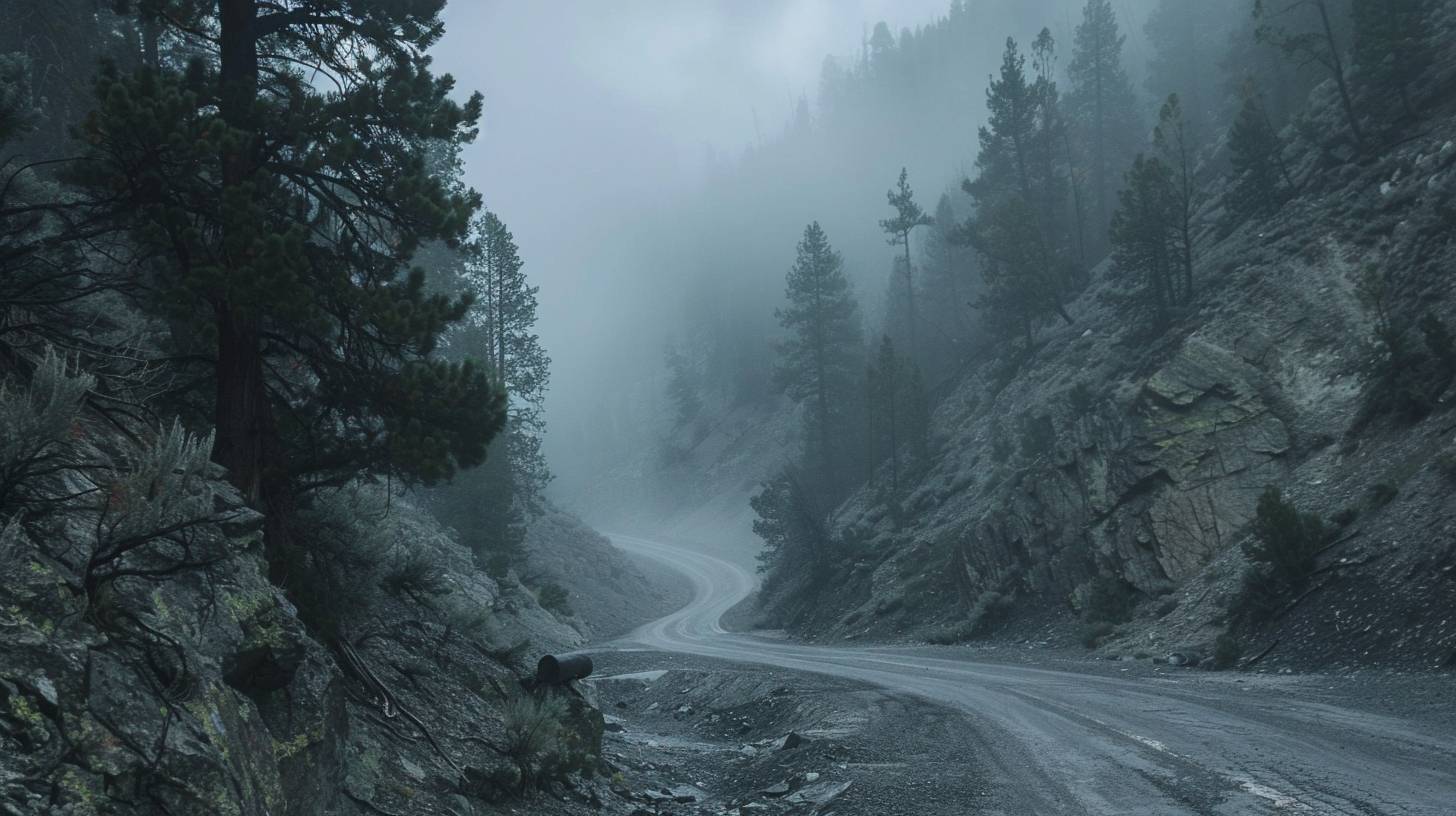 A liminal space in a foggy mountain pass. The winding road disappears into the mist, flanked by towering pines. The fog muffles sound, creating an eerie silence. This scene captures the mystery and solitude of a journey through the unknown.