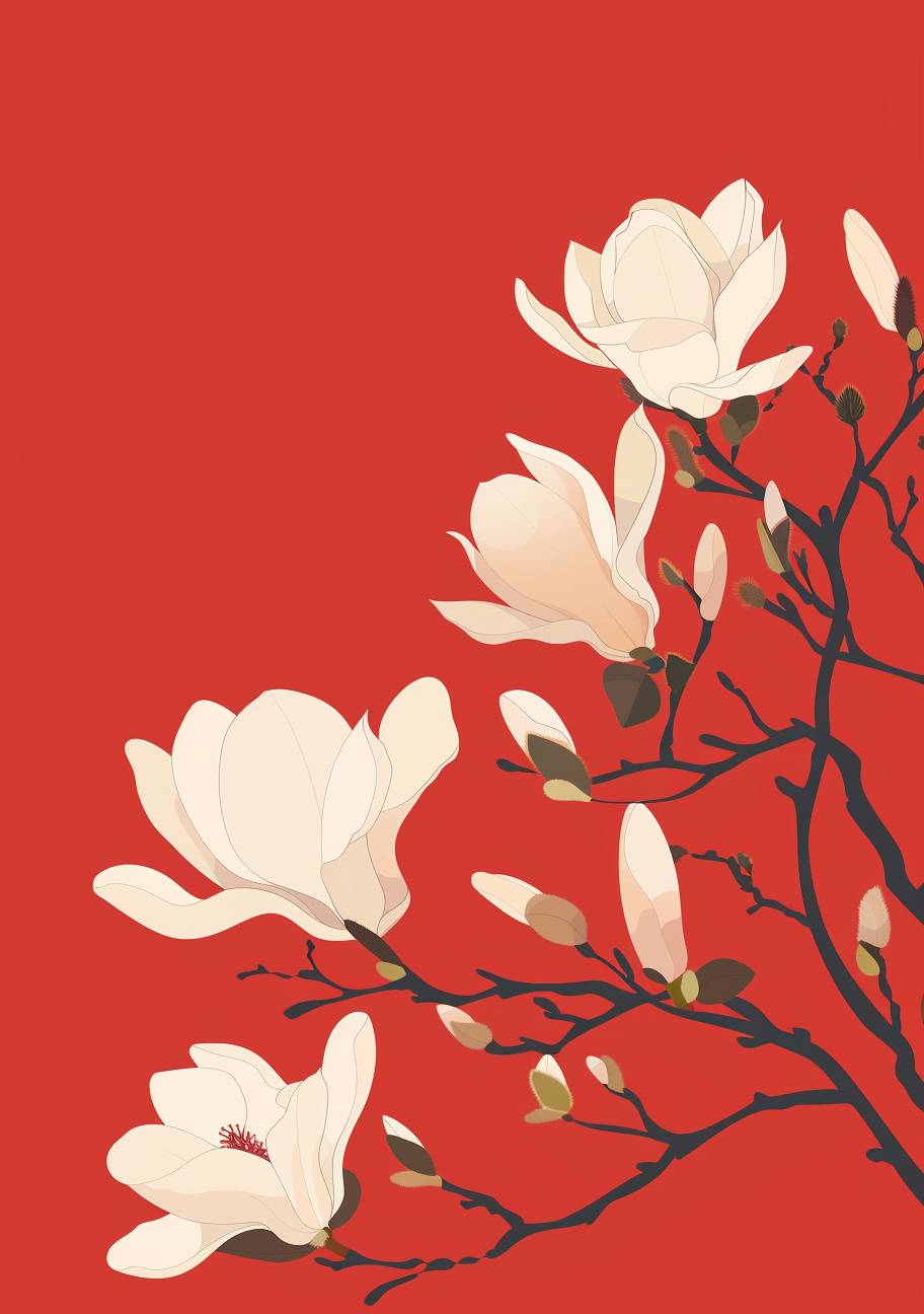 ベクトルイラストのスタイルで赤地に白い木蘭の花、フラットデザイン、シンプルな線と形状、影やグラデーションはなく、ベクトルグラフィックス、中国の新年のテーマ、中国の伝統文化に触発された要素、ミニマリストの芸術スタイル、フレームの上部には白いスペースがあります。