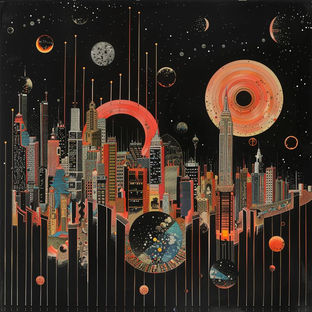 A portrait of [SUBJECT], in the style of novel visual, black background, an array of floating shapes and forms representing the cosmos, with large geometric circles in shades with monochromatic contrast, and small black dots scattered throughout. In between these shapes is a miniature cityscape made up of tiny buildings, trees, and other urban elements. The overall effect should be one of whimsy and fantasy, with a surreal quality that gives it a dreamlike feel. invert channels, color negative