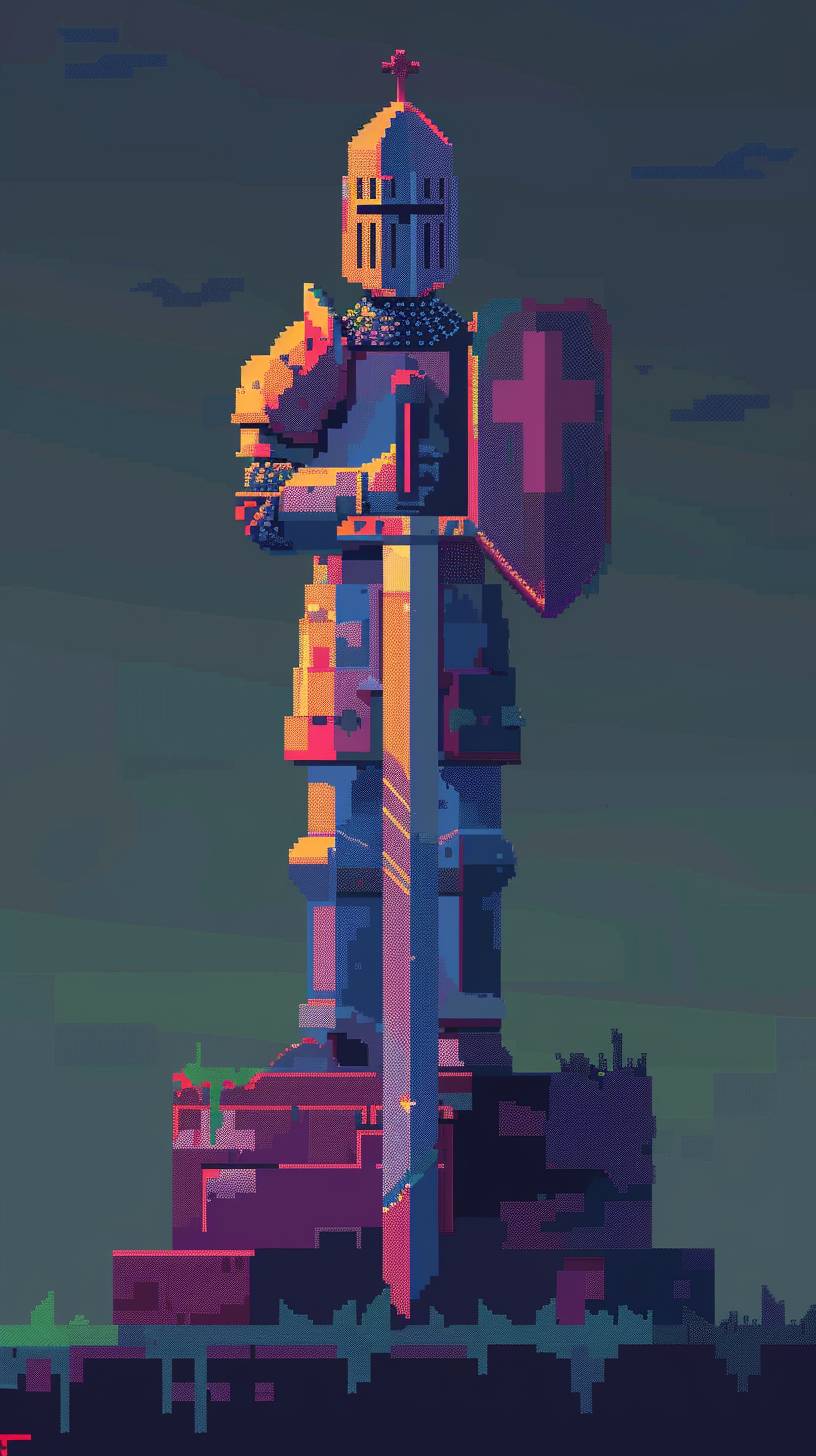 A pixel art of a templar knight statue with battlefield, rendered in colorful shades. The composition is simple yet visually appealing with its clean lines and geometric shapes.