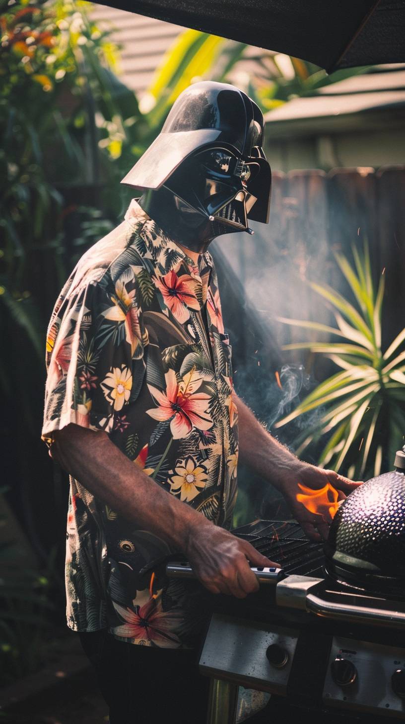 Candid photography, happy dad cooking barbecue in the garden, wearing a Hawaiian shirt and a Darth Vader mask, backlighting with Ektachrome