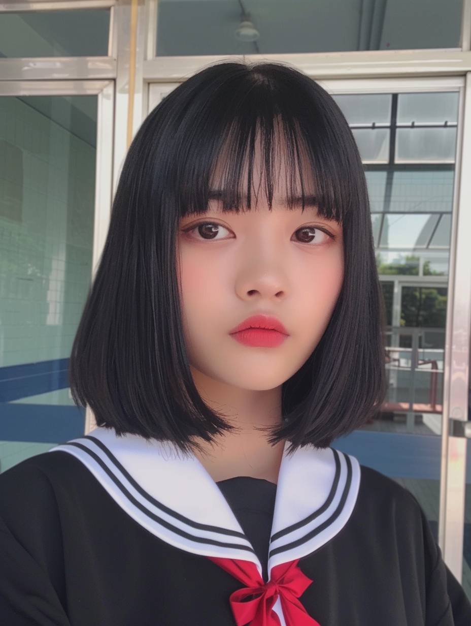 A Chinese high school girl with short hair, bangs, and black bob cut hairstyle, wearing a school uniform, with a very beautiful face and slightly open lips in a close-up upper body photo. The photo was taken in school using a phone camera. It is being live-streamed on Tiktok, real photos taken in natural light with pure sunlight.