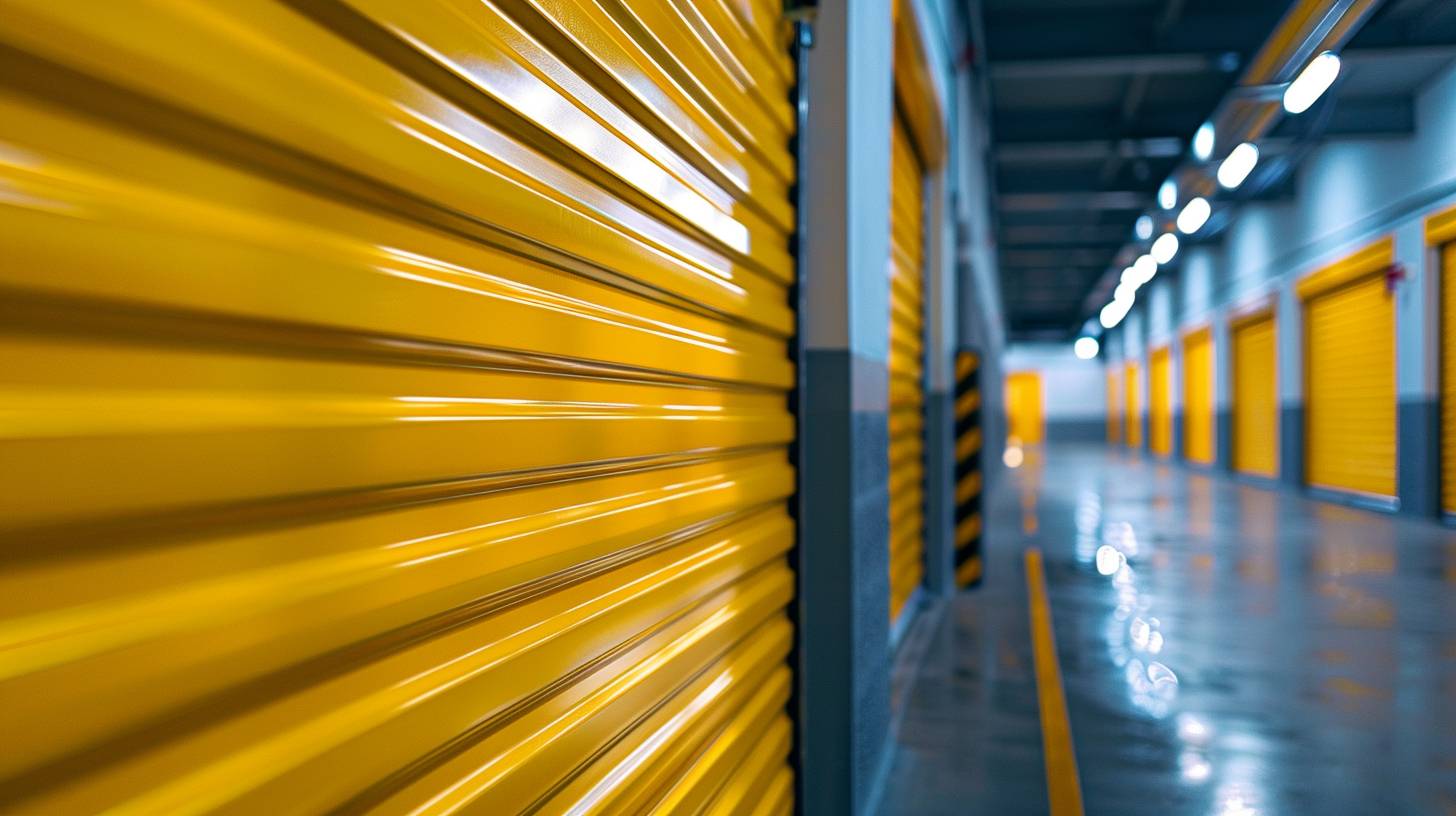 Detailed photography of a brand-new yellow storage door, underground, angled view, UHD, detailed, selective focus