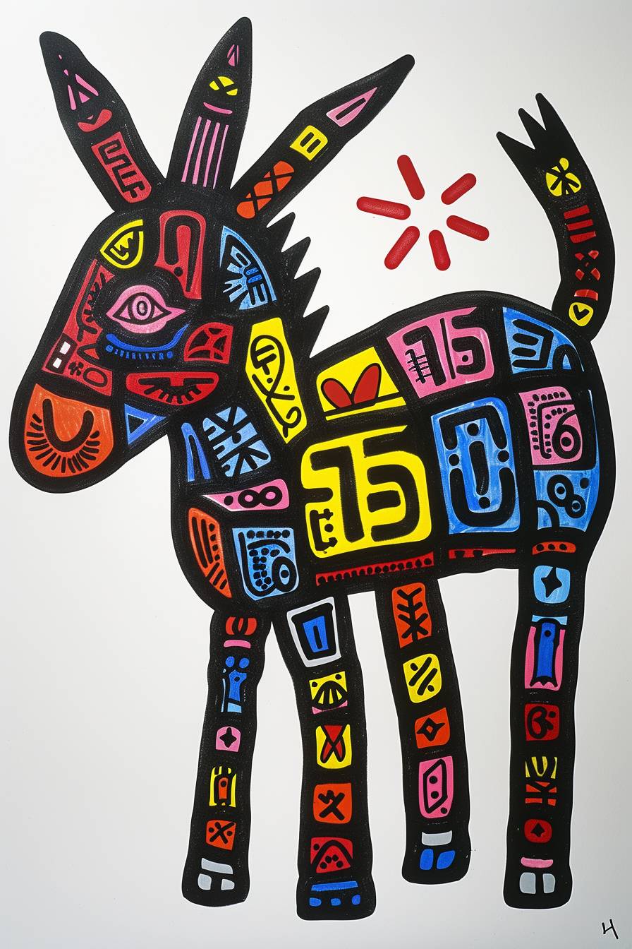 Magic marker drawing of a donkey in the style of Keith Haring