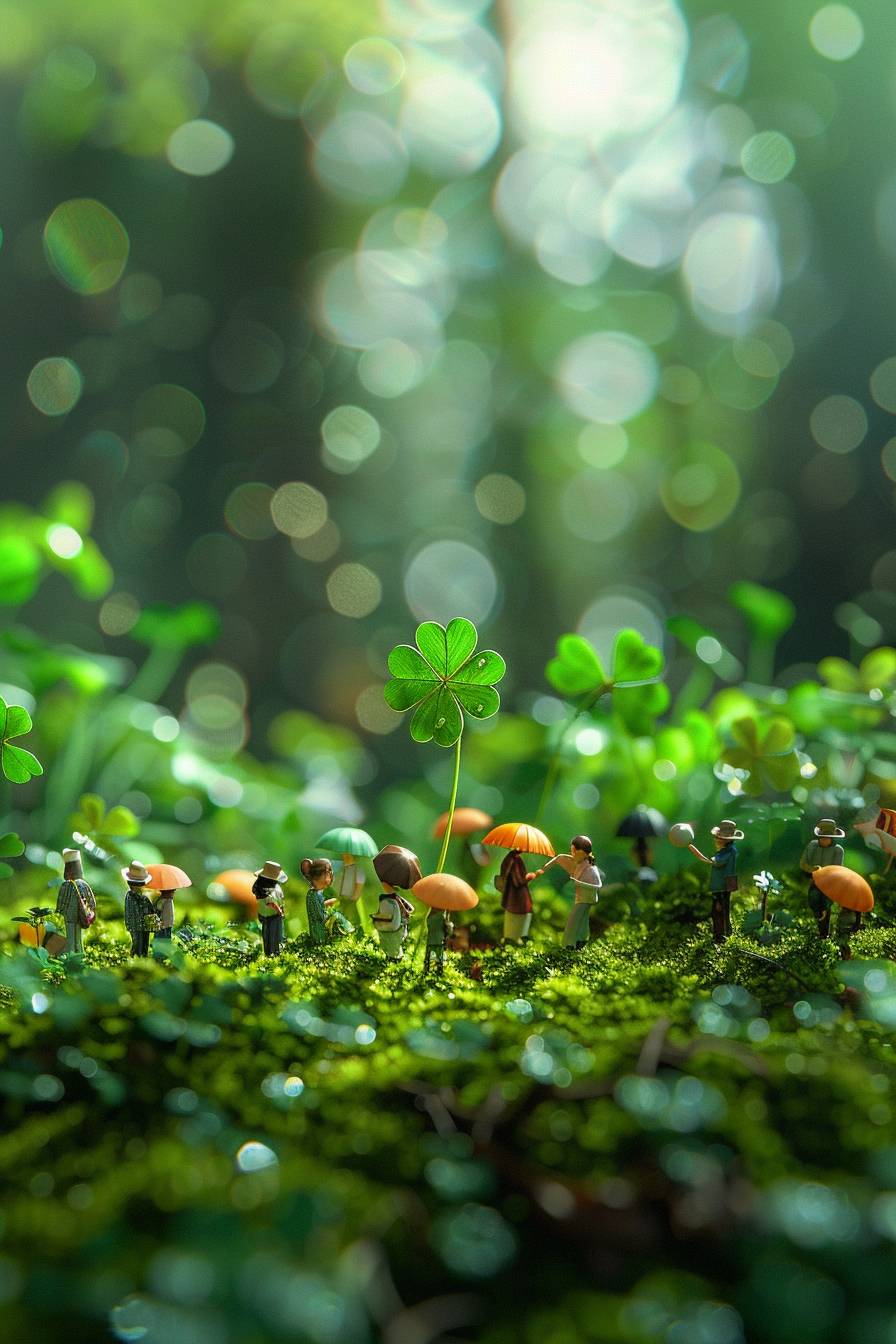 This is a miniature scene. In the middle of the picture is a clover. Some people are holding umbrellas next to the clover. Lush scenery, spring, rain, soft mist, high-definition natural light, tilt-shift photography, photographic work, octane render.