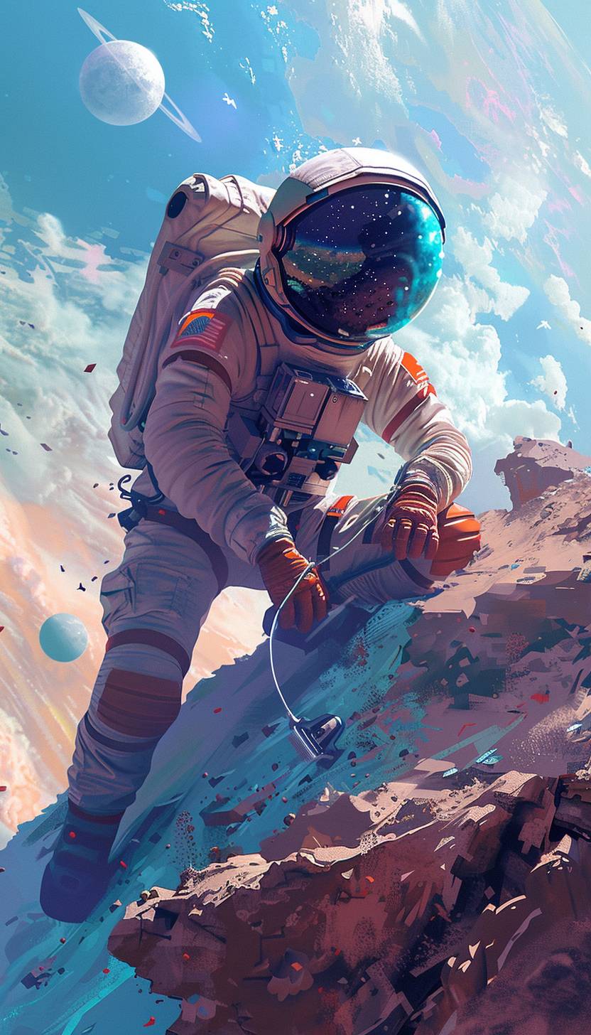 Atey Ghailanのスタイルで、未知の領域に冒険する宇宙探査者--ar 4:7 --v 6.0