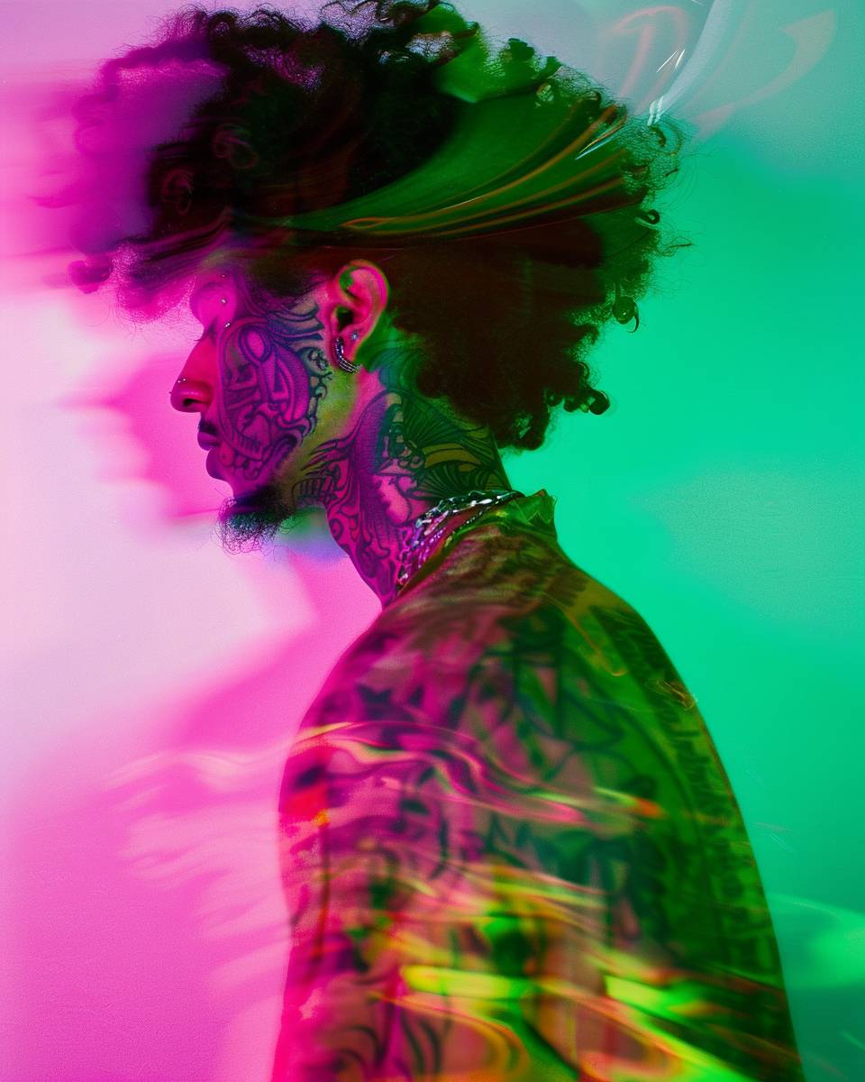 Editorial fashion photography, profile of a man with afro hair and tattoos, vibrant motion blur effect with a neon color scheme, digital design, bright studio lighting with an ethereal, futuristic mood, Fuji Velvia 50 film stock, vibrant pink, green, and purple color palette --ar 4:5 --style raw --stylize 0 --v 6.0