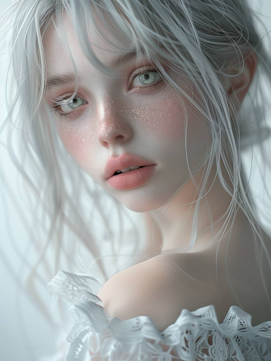 A girl with silver hair, light pink eyes and babylike skin wearing a white dress, with a delicate face and pale color tone. She has beautiful makeup in a dreamy scene with natural lighting and a soft focus closeup, captured through ultrarealistic portrait photography in the style of fantasy art at a high resolution.