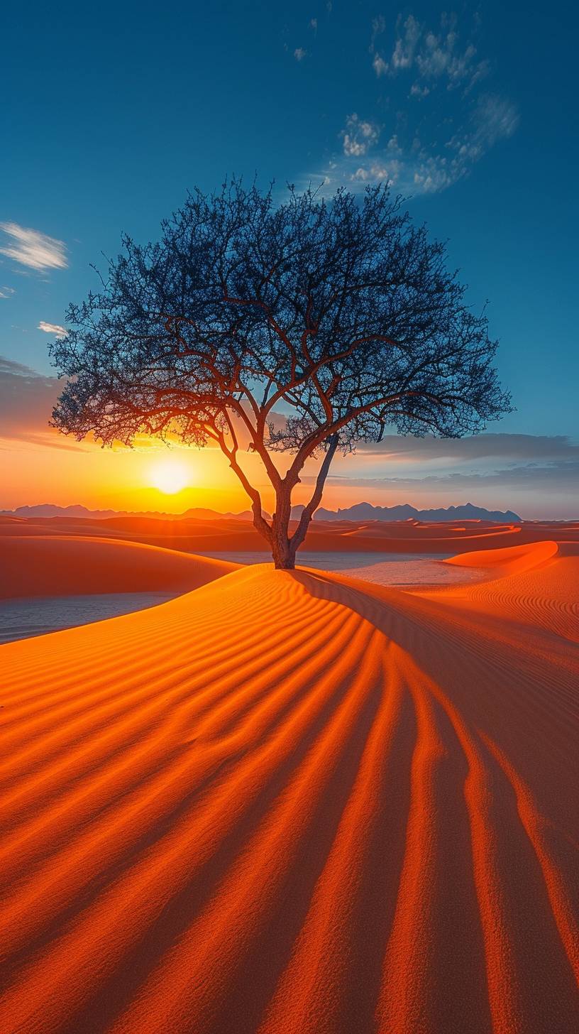 lone tree on desert sand dune at dawn --stylize 750 --v 6.0