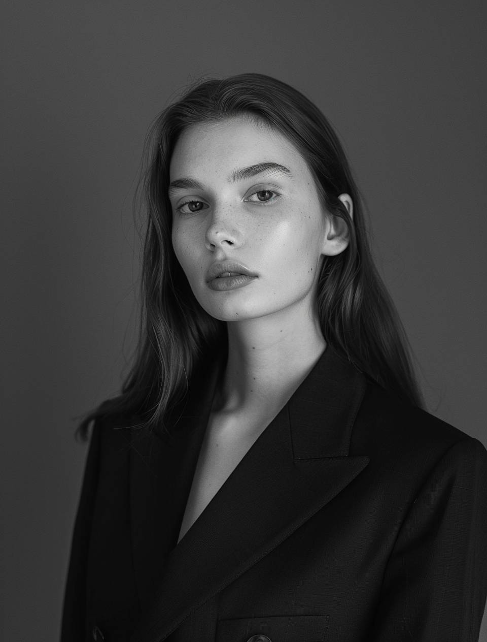 A headshot of a young woman clad in a black suit, captured in a classic black and white photography style, emphasizes her refined features under soft studio lighting. This portrait, defined by its subtle use of soft shadows, crafts an interplay of light that delicately frames her face, accentuating her expression and the tailored lines of her suit. The choice of monochrome tones enhances the sophisticated and timeless feel of the image, focusing on the depth and nuances brought forth by the soft lighting technique. This setup is perfect for conveying the subtle elegance and poised atmosphere of traditional studio portraiture.