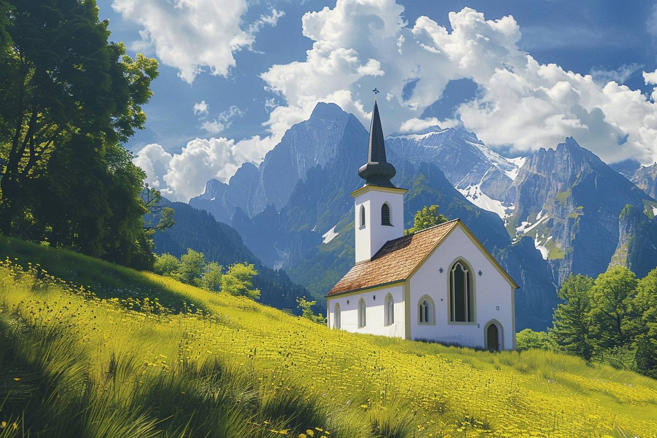 In the style of Lichtenstein, stunning natural landscape, church