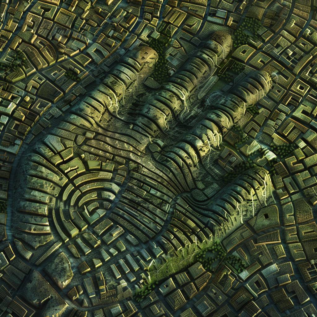 A large complete image in the form of a human fingerprint representing the streets and alleys of an ancient city, three-dimensional image, the background of the image is a very large olive leaf covering the image area, the image is accurate with high-quality details, the lighting in it is carefully studied.