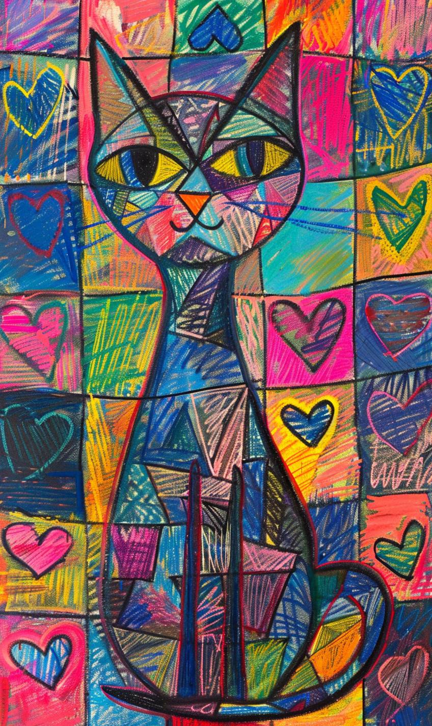 Risograph print of an oil pastel holographic scene with a cat, in the art style of Itzchak Tarkay. The artwork features a myriad of heart patterns, rich front and back views, and color blocks expressed in a simplistic manner. The style is reminiscent of surrealism, with predominantly bright and colorful hues, resembling oil paintings and sketchy fauvism in the style of Maira Kalman and Matisse.