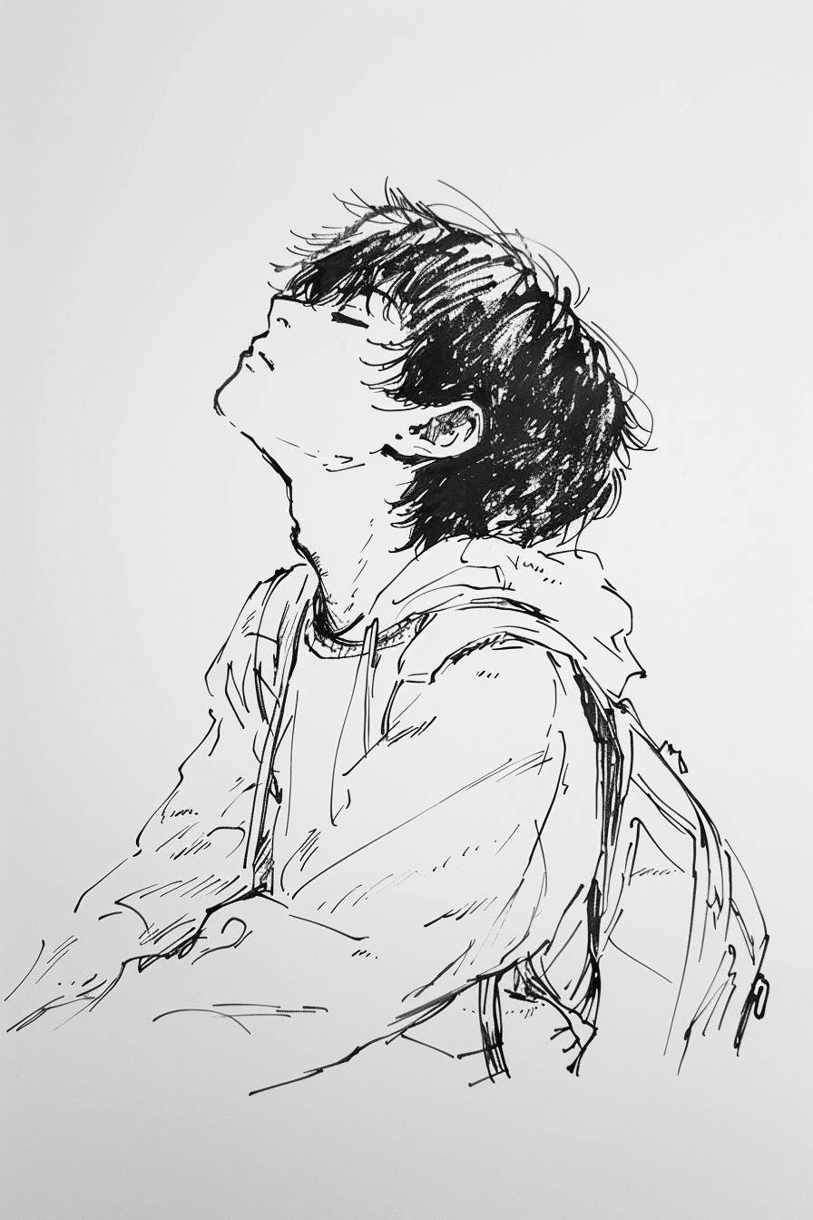 In the style of Makoto Shinkai, character, ink art, side view