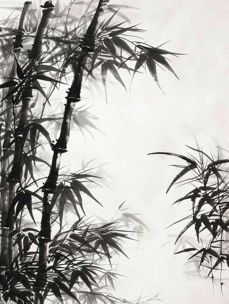 Black ink painting of a bamboo forest, two tone drawing, simple and artistic