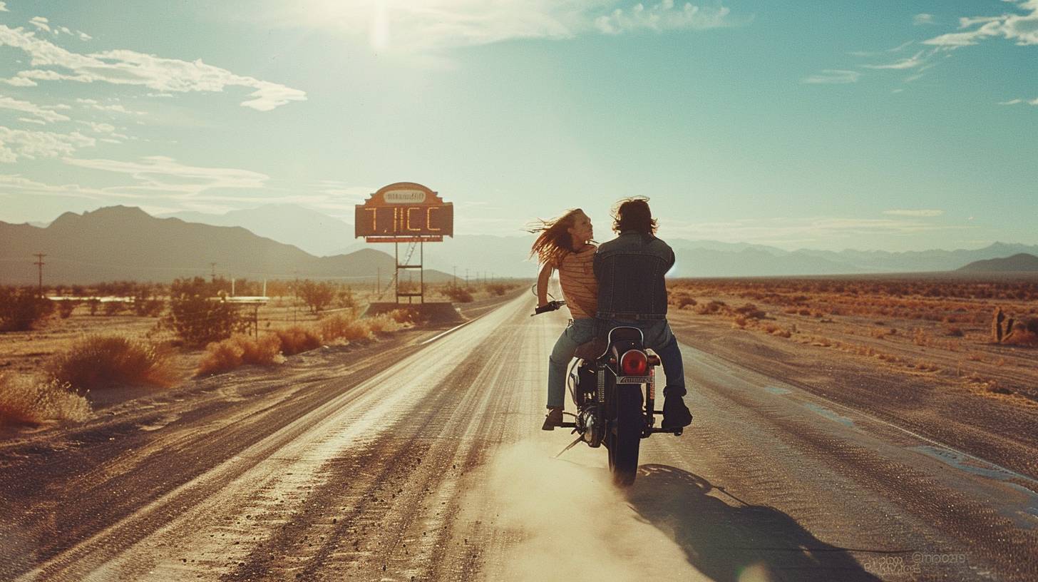 オートバイのカップル。風が髪をなびかせる。広い道路。ルート66。1969年の真昼。砂漠の風景、遠くの山々、ダイナーの看板。広角ショット、全身が写っている。Hasselblad 500C、Ektachromeフィルムで撮影。明るい日差し、ほこりの跡、色彩が飽和しています。