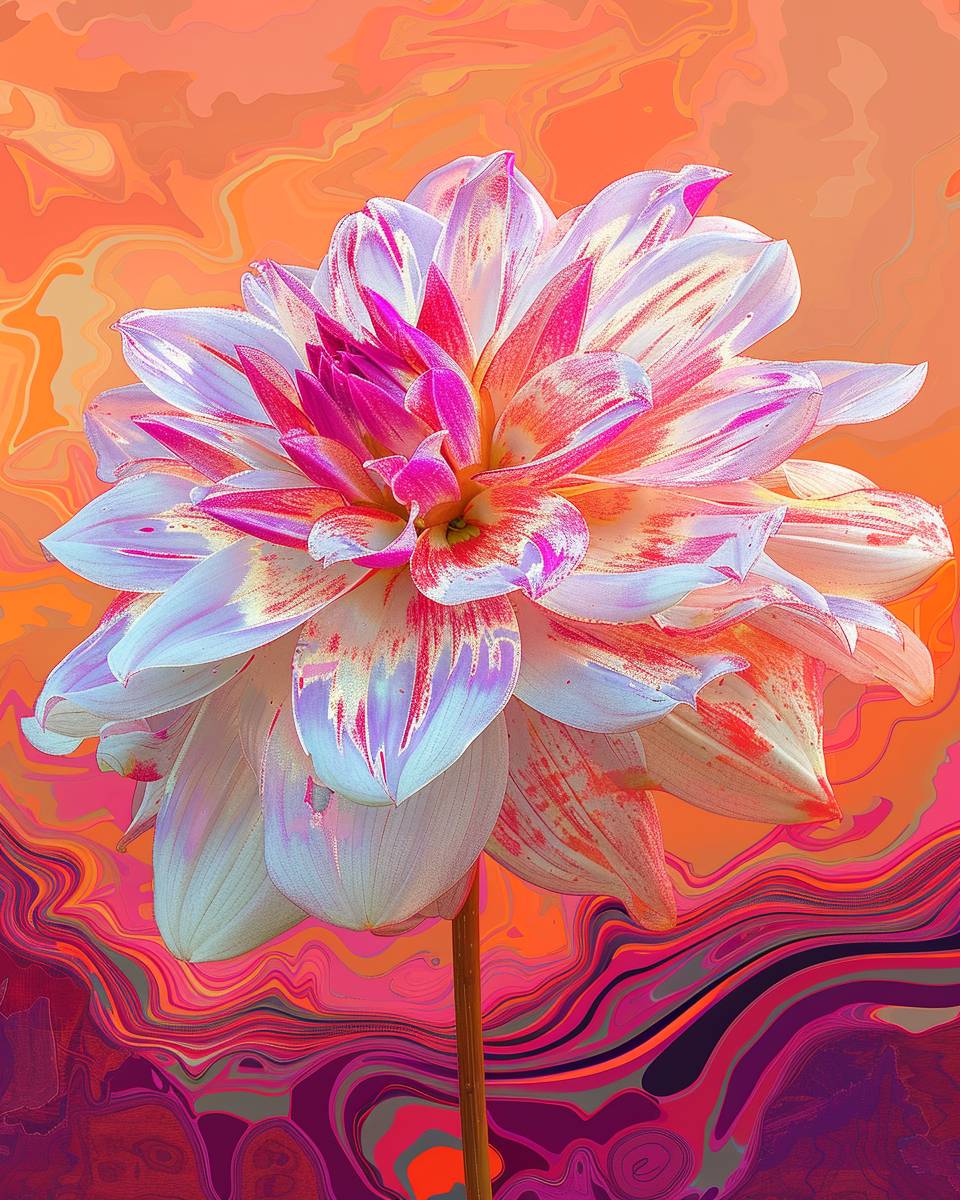 A photo of a pink and white glitched Dahlia, against a linear datamoshing dark-pink-orange background, in the style of a tropical sunset by the ocean