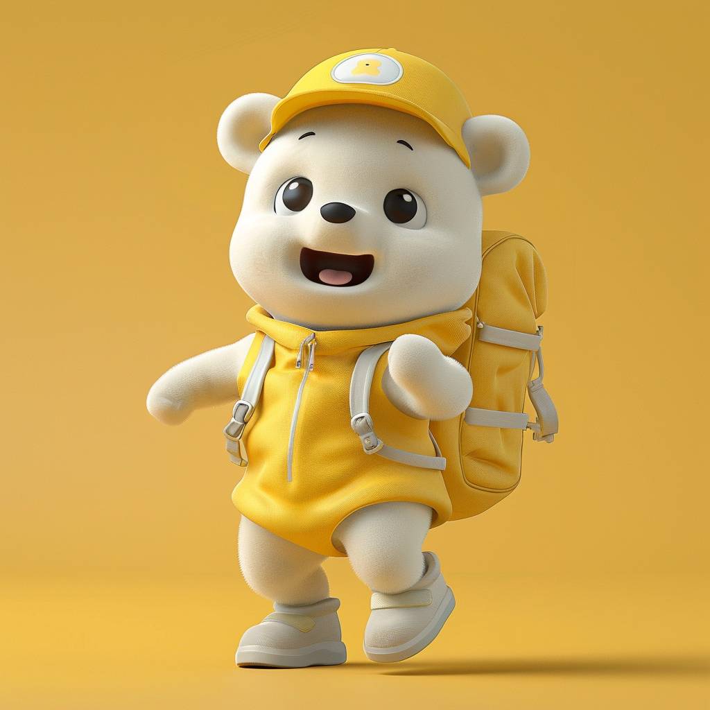 3D character image, baby white bear IP image, Cute white bear wearing a Yellow cap and Yellow jumpsuit, Carrying a backpack to school, laugh, bright scene, solid color background, clean background, front, standing, Disney, full body, Q, 3D, oc renderer, blender renderer. Mattie Foam, Clay material