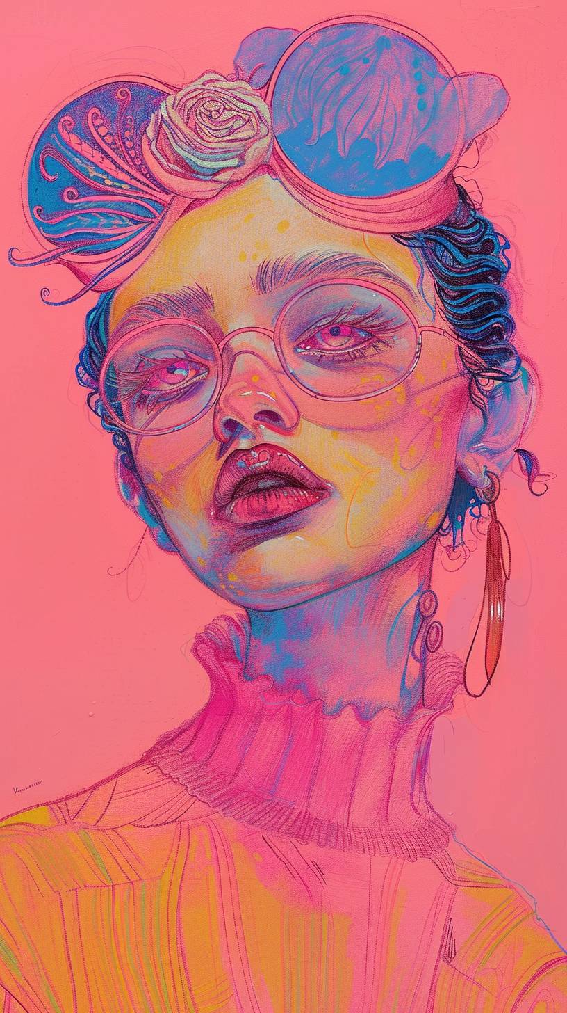 Woman in the style of pink fantasy, vintage, pop surrealism, bright colors, pastel drawing