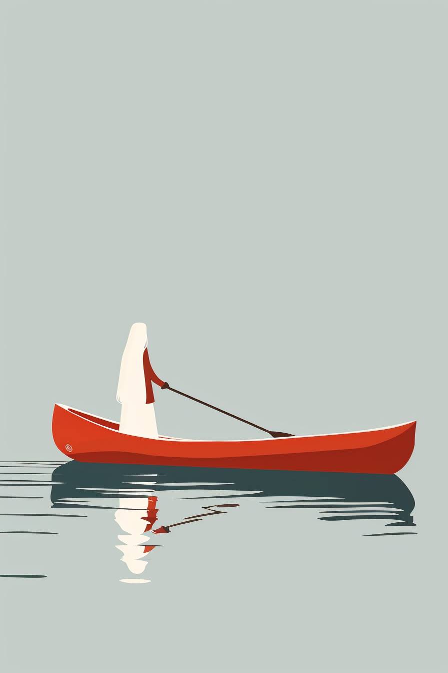 Canoe, in the style of minimalist illustrator, reinterpreted human form, iconic album covers, white and crimson, stop-motion animation, elongated forms, flat illustrations