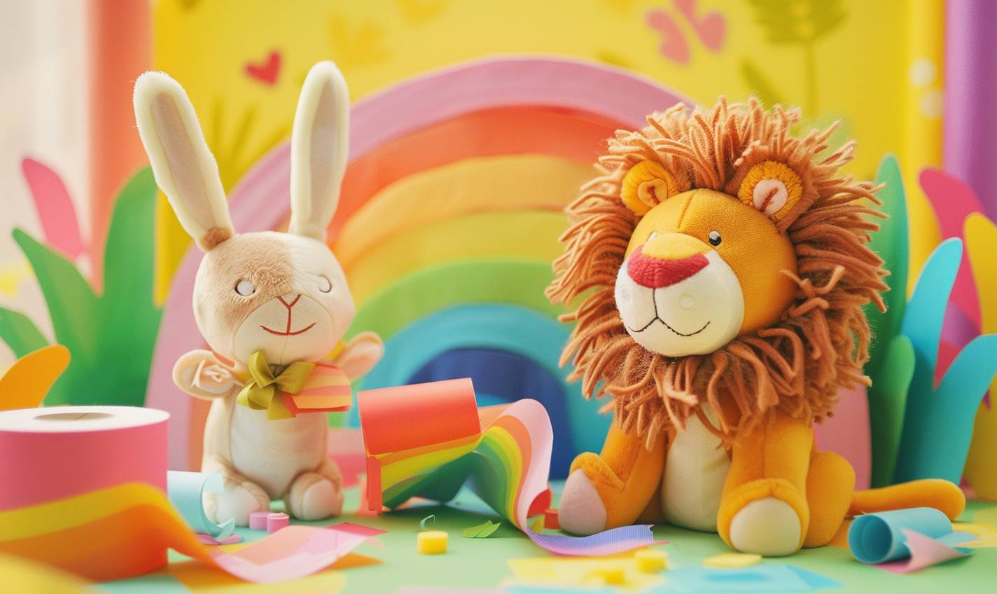 The lion and the bunny plushies are playfully messing around with rainbow colored toilet paper!