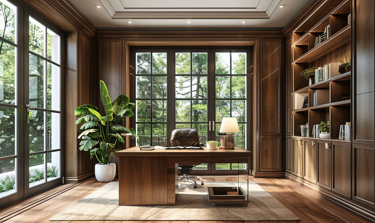 Interior Design, a perspective of of a study room with mahogany walls and a large desk of walnut wood, large windows with natural light, Light colors, plants, modern furniture, classical interior design