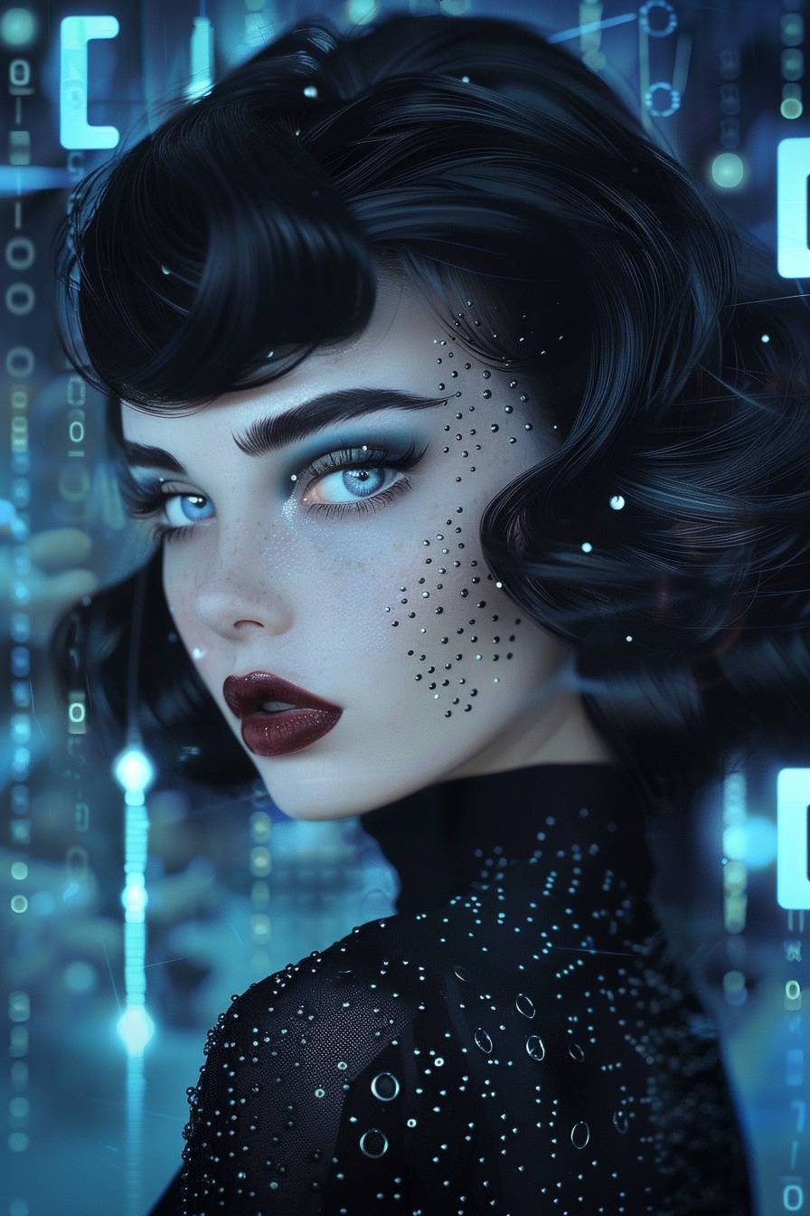 Beautiful black hair and blue eyes, bold makeup with dots, an elegant outfit, and defined lips. The background features digital elements and numbers, creating a futuristic atmosphere.