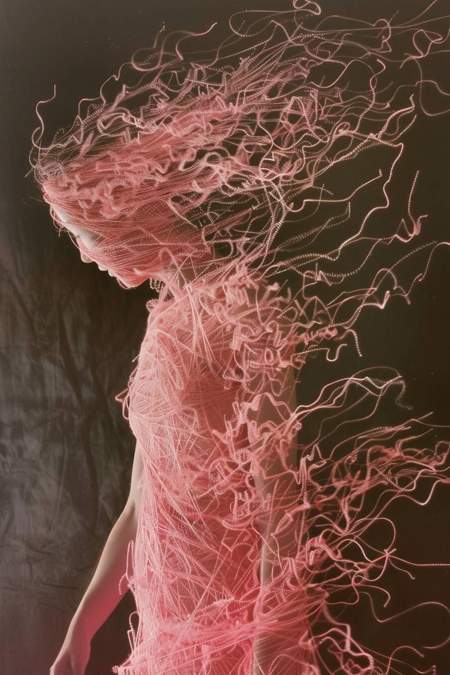 A beautiful woman, wearing a pink dress made of small string art surrealism, unravels